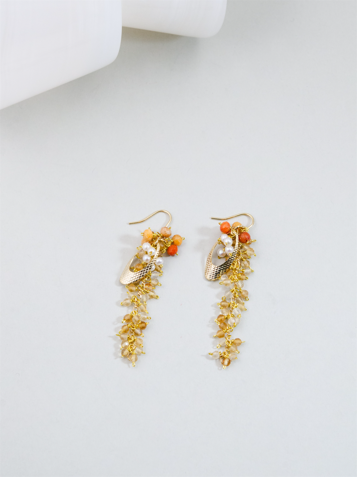 シトリン × 赤瑪瑙 ヴィンテージ風 ロングピアス/イヤリング - 【黄金の光】金具変更可