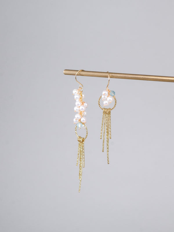 パール & アパタイト ピアス〈しずくが、こぼれるように〉14KGF/SV925/ステンレス ロングピアス ／ 6月誕生石 ユニセックス｜神戸アトリエ LUCINE