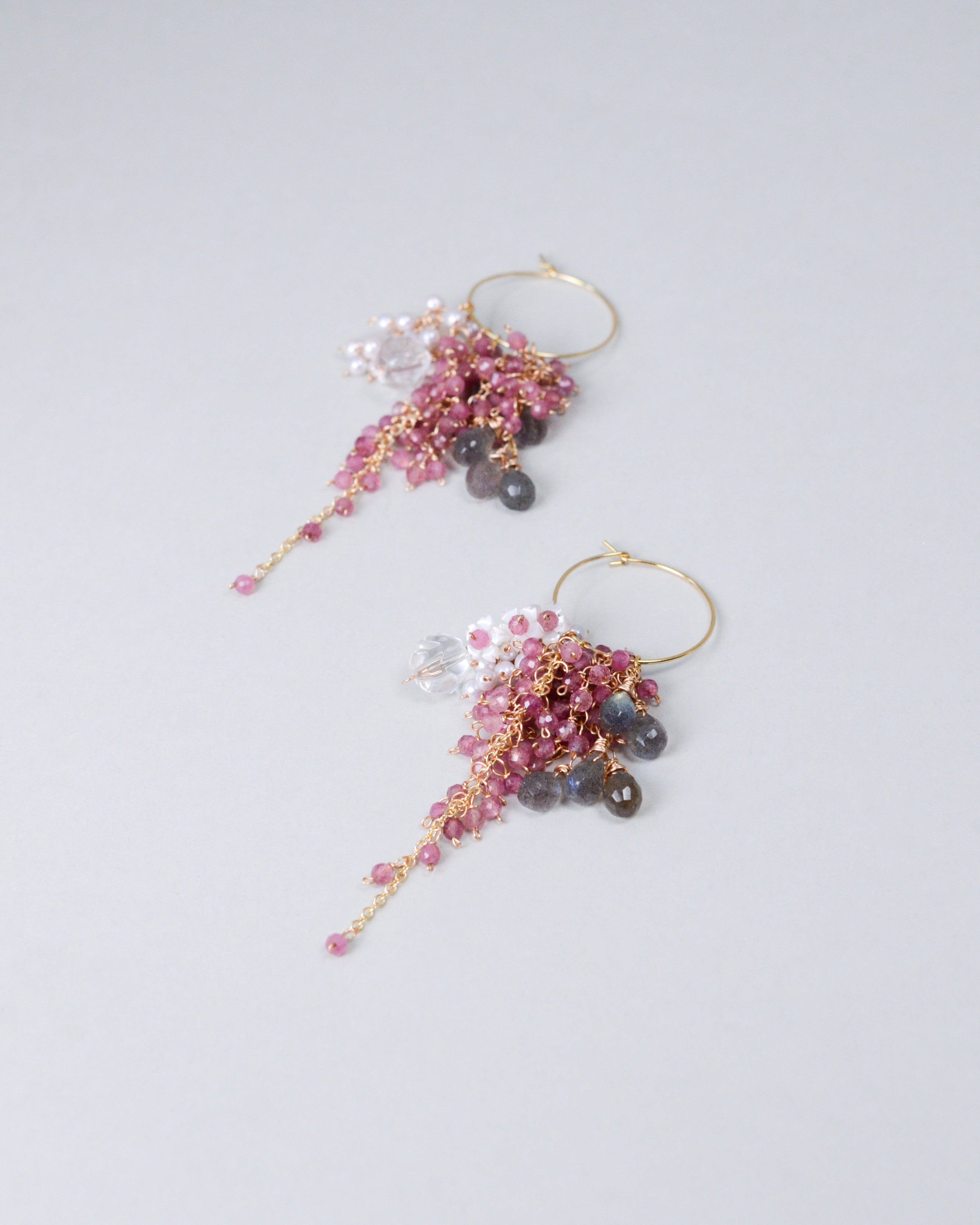 ピンクトルマリン ＆ ラブラドライト フープピアス｜14KGF 淡水パール