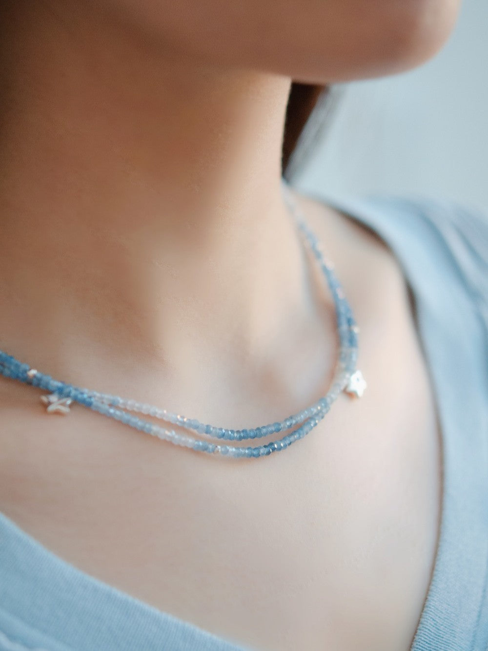 3月 誕生石】アクアマリン 2連 ネックレス | 華奢 スターチャーム