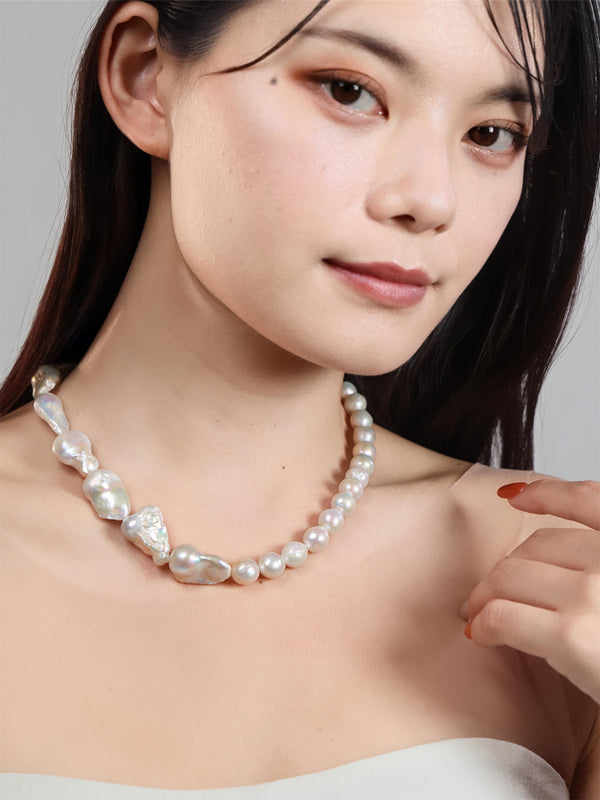 淡水パール アシンメトリー ネックレス〈半分のリズム〉ベビー & バロックパール ／ 14KGF｜神戸アトリエ LUCINE