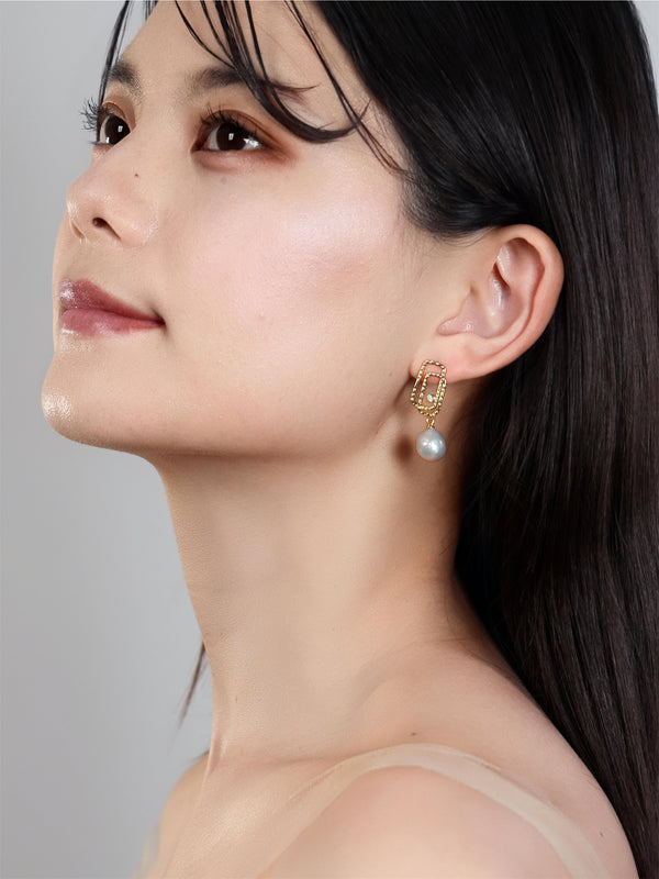 淡水パール & ビジュー スクエア リンク ピアス〈光の格子〉- モダンデザイン SV925 シルバー/ゴールド 2色 金属アレルギー対応