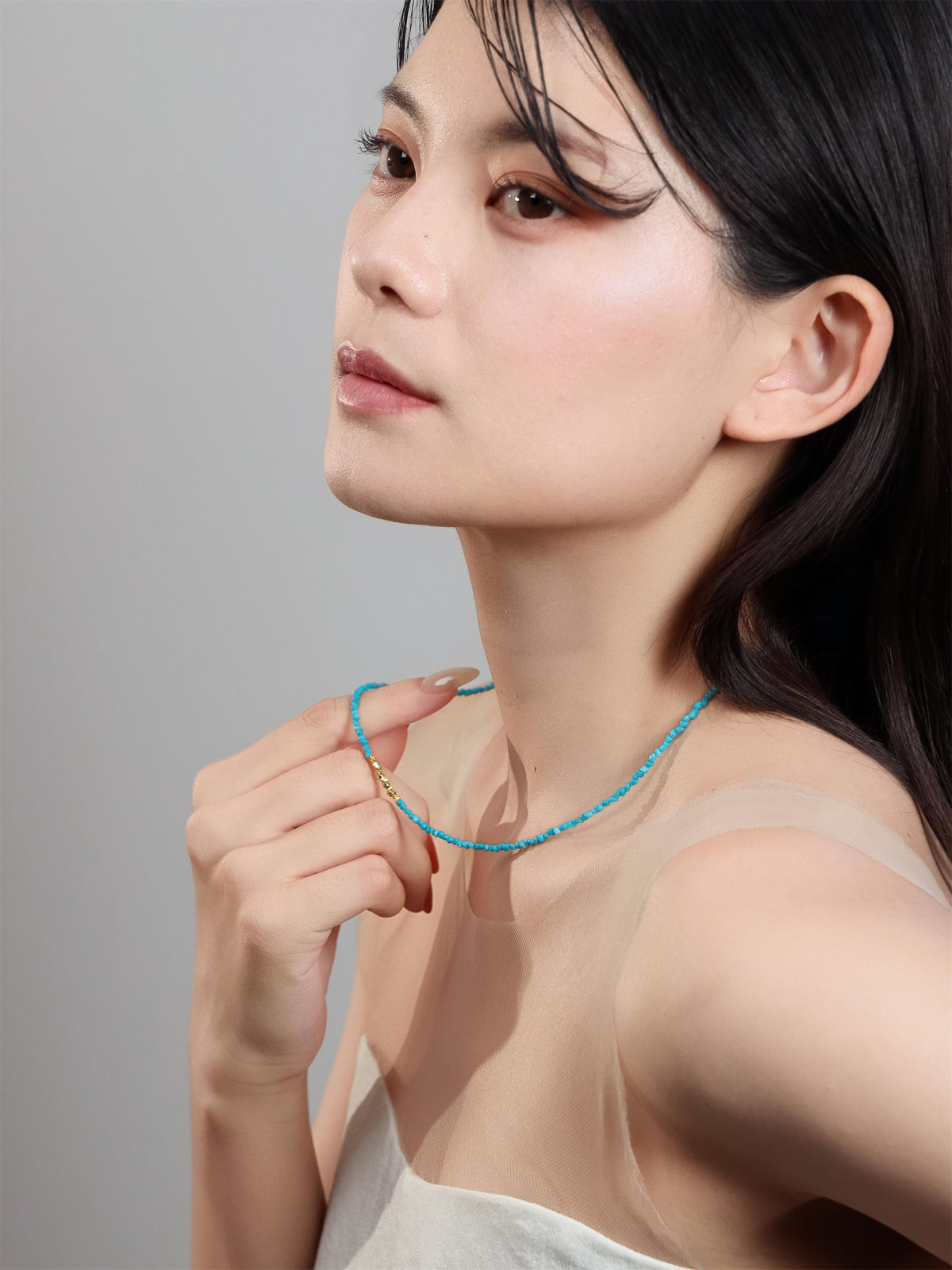 ターコイズ ネックレス〈空と水のあわいを、首もとに〉14KGF ゴールドビーズ ／ 12月誕生石 ユニセックス｜神戸アトリエ LUCINE