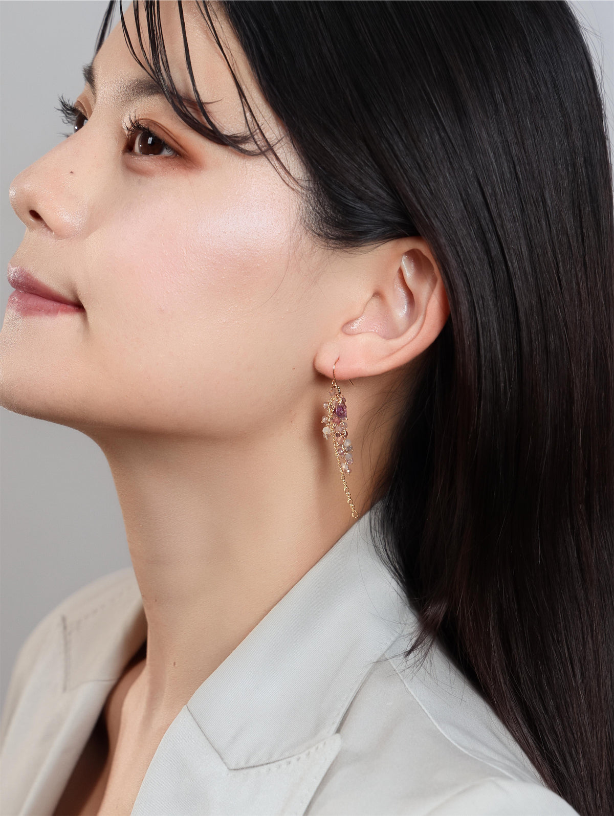 アメジスト & スピネル ロング ピアス〈藤の花〉- 2月誕生石 / 8月誕生石 / 金属アレルギー対応 / 14KGF