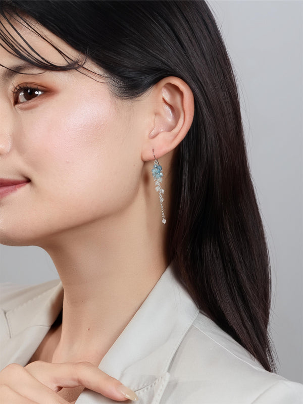 アクアマリン & クリスタル ピアス〈蒼き天上の雫〉SV925／14KGF ロングピアス ／ 3月誕生石 イヤリング対応｜神戸アトリエ LUCINE