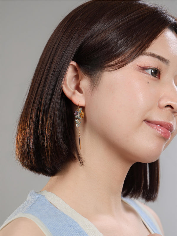アパタイト & シトリン & アメジスト ピアス〈花びらが、耳もとで揺れる。〉14KGF/SV925/ステンレス ロングピアス ／ 11月・2月誕生石 ユニセックス｜神戸アトリエ LUCINE