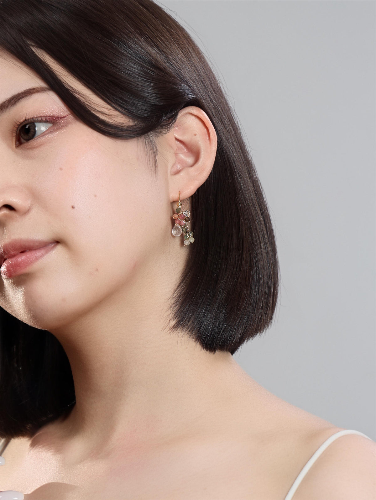 トルマリン & ローズクォーツ フープピアス〈ちいさな、ひとふさ〉天然石クラスター ／ 10月誕生石