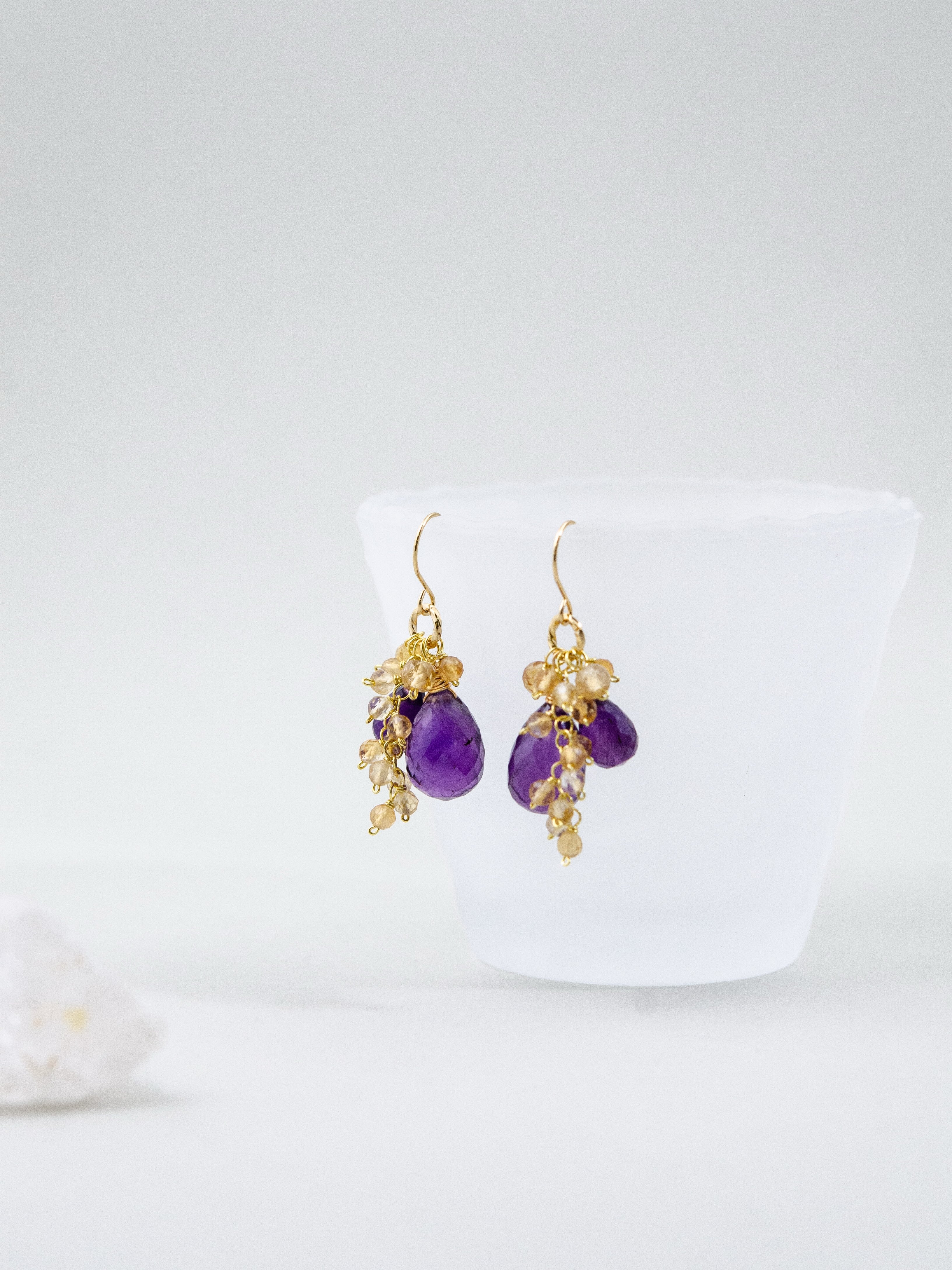 アメジスト クラスター ピアス 側面 詳細 房状