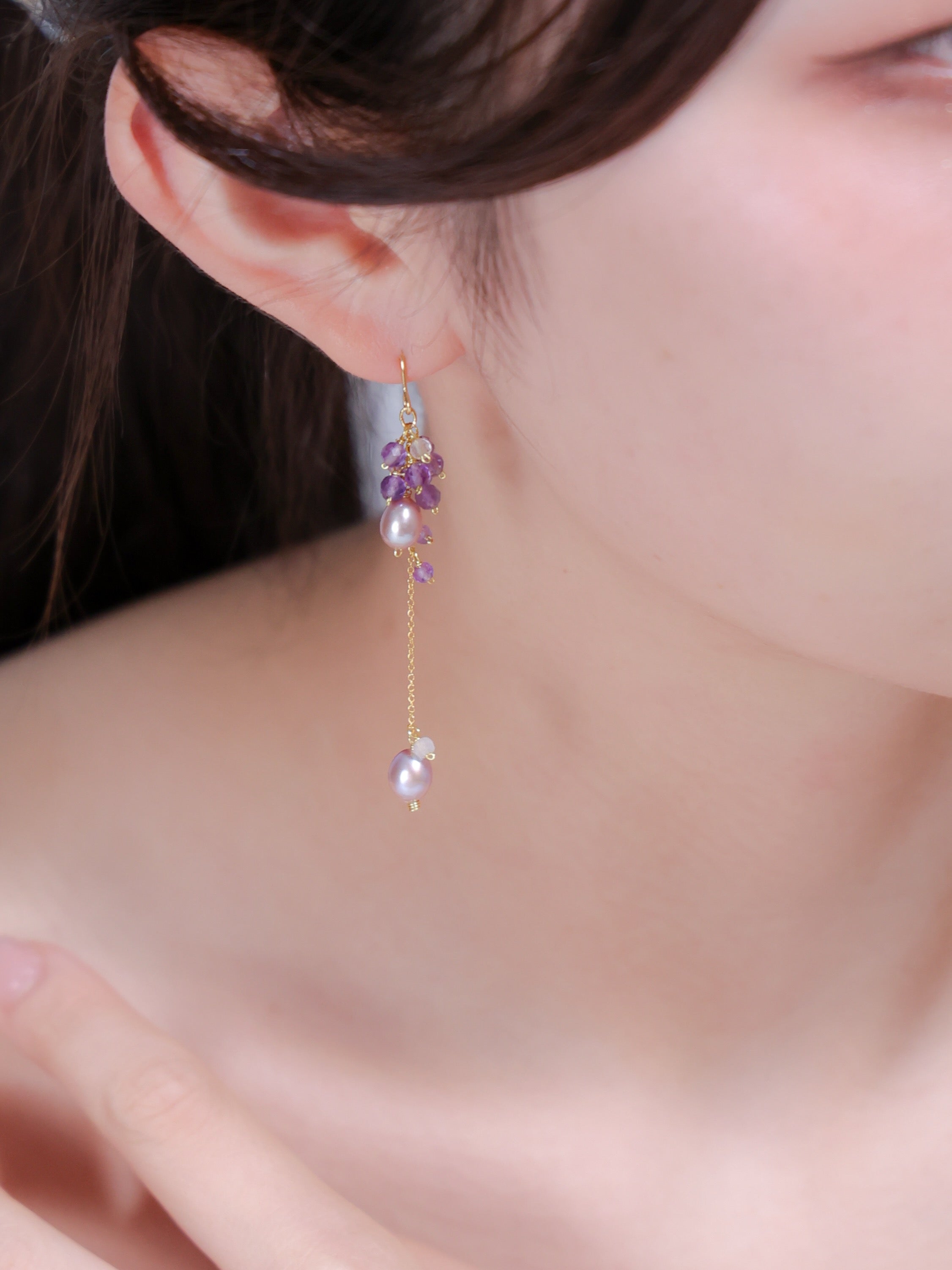 アメジスト & 淡水パール 揺れる ピアス - 【イヤリング変更可】高貴な