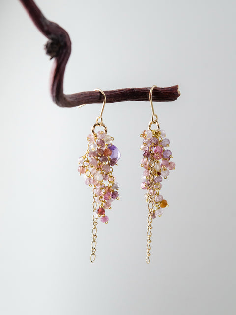 アメジスト & スピネル ロング ピアス【イヤリング可】藤の花のグラデーション/14kgf