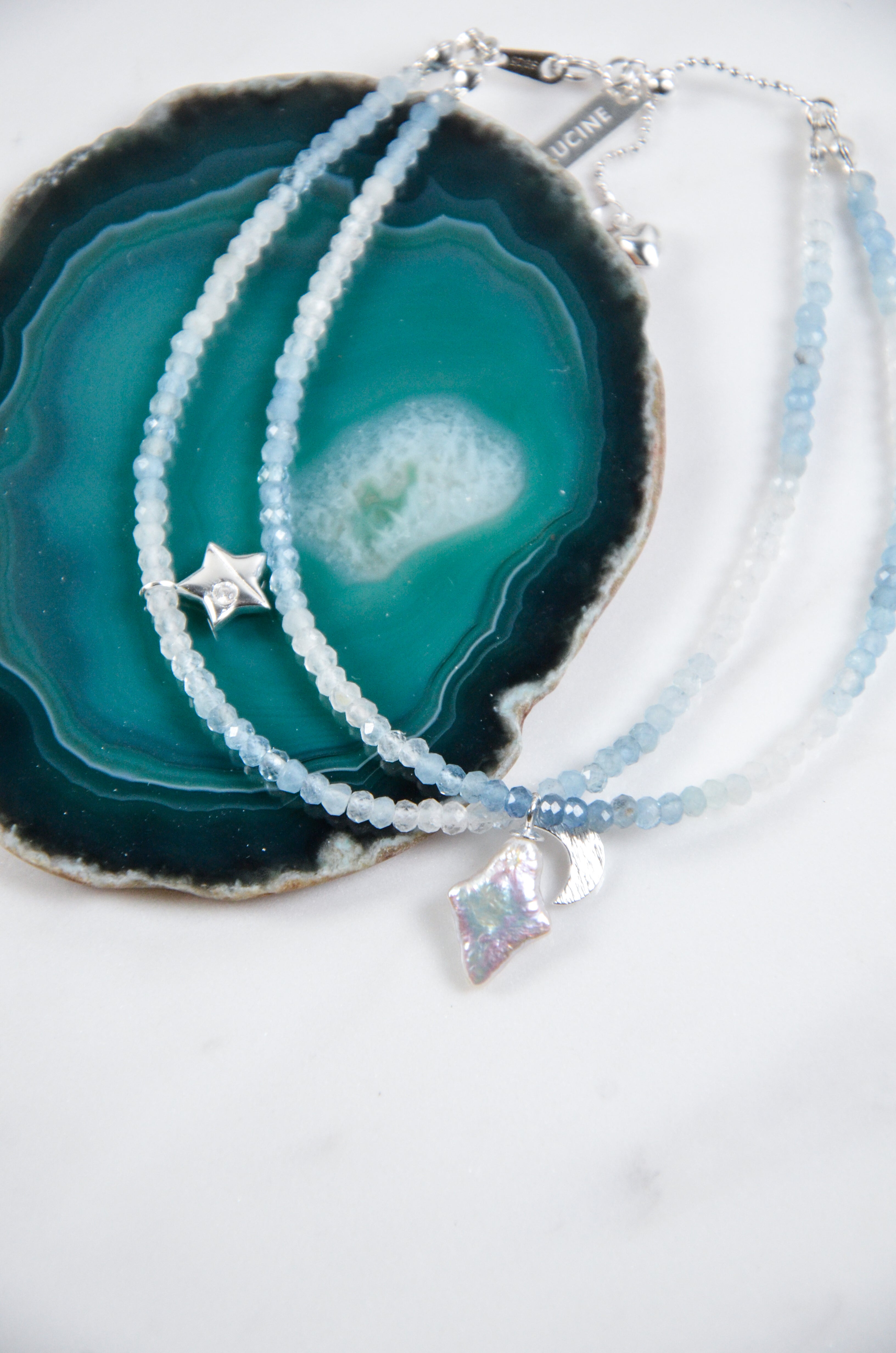 アクアマリン ブレスレット 平置き 瑪瑙プレートとSV925シルバーの輝き