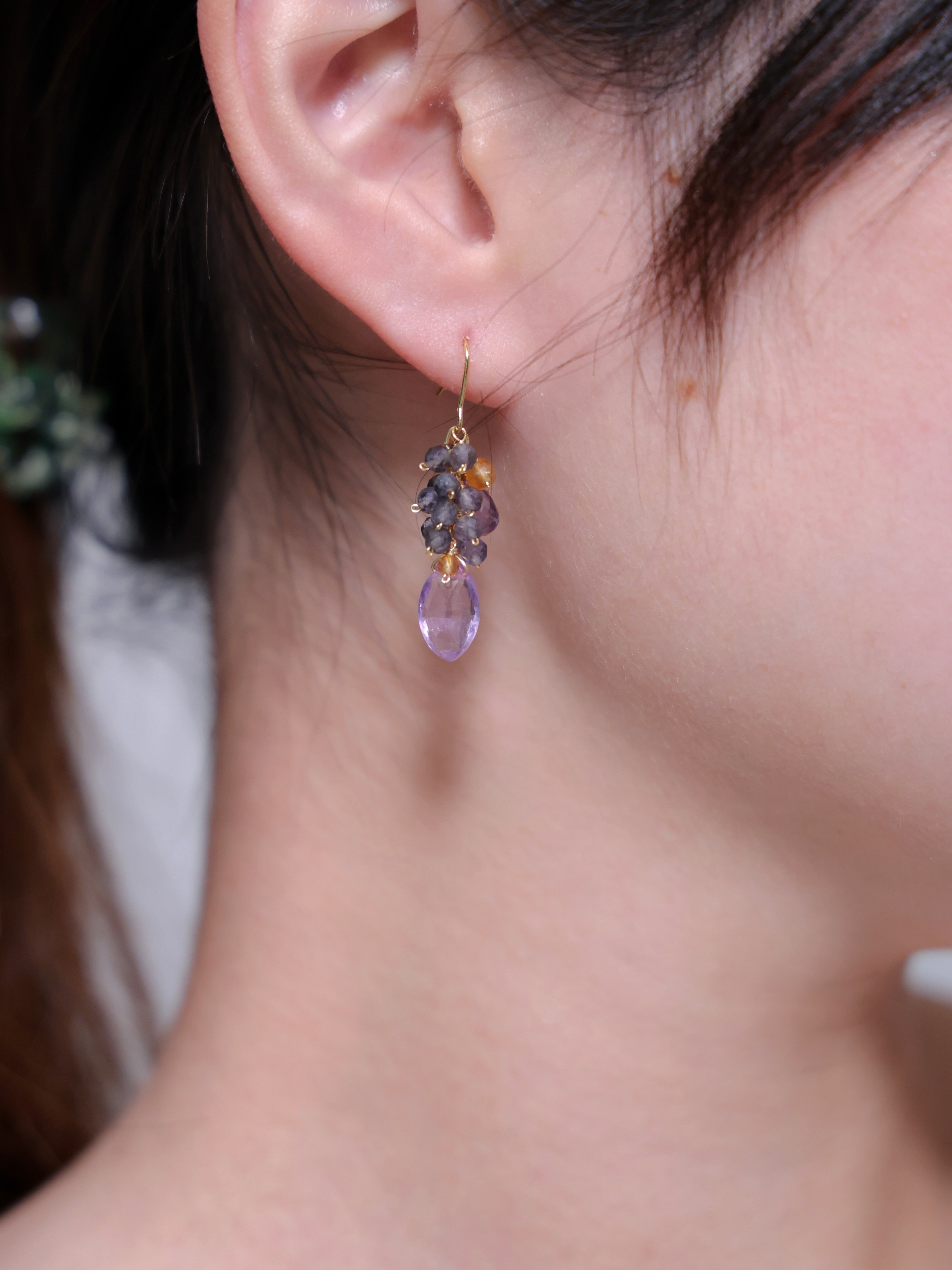 アメジスト&シトリン&アイオライト ピアス【イヤリング可】スミレの花