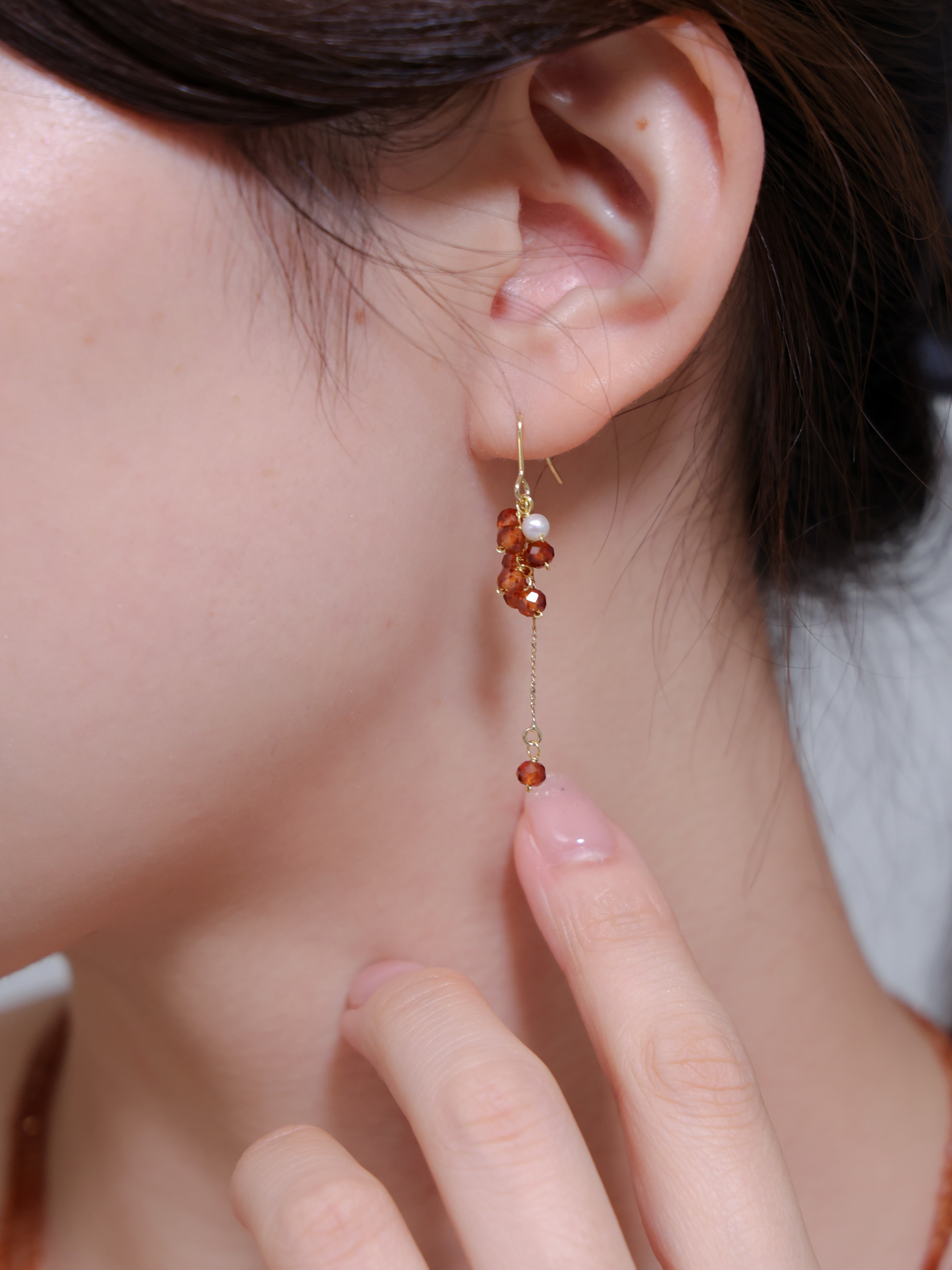 スペサルタイトガーネット & パール ピアス【イヤリング可】太陽の