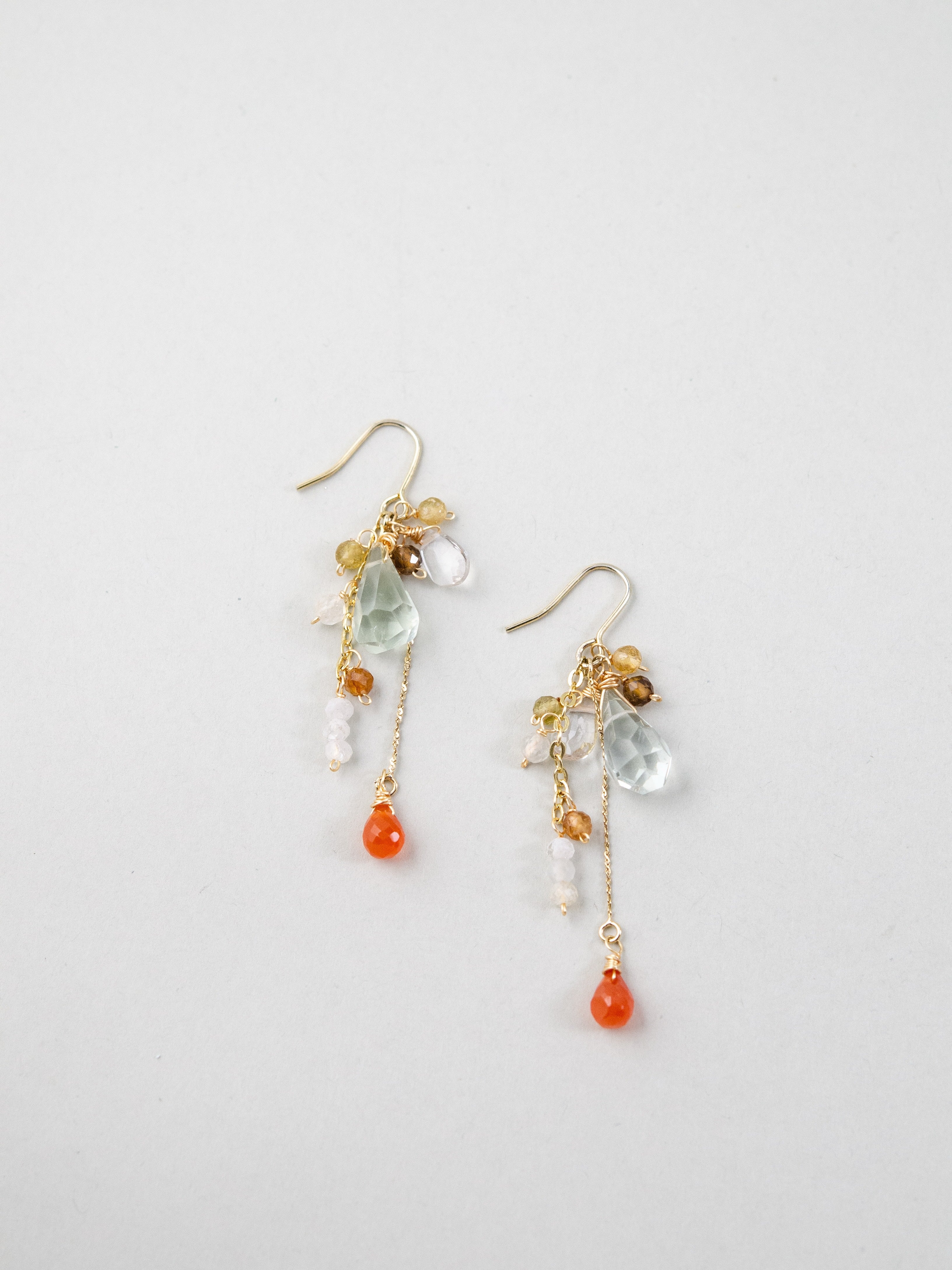 グリーンクォーツ オレンジガーネット ピアス 平置き ペア画像 イヤリング変更可