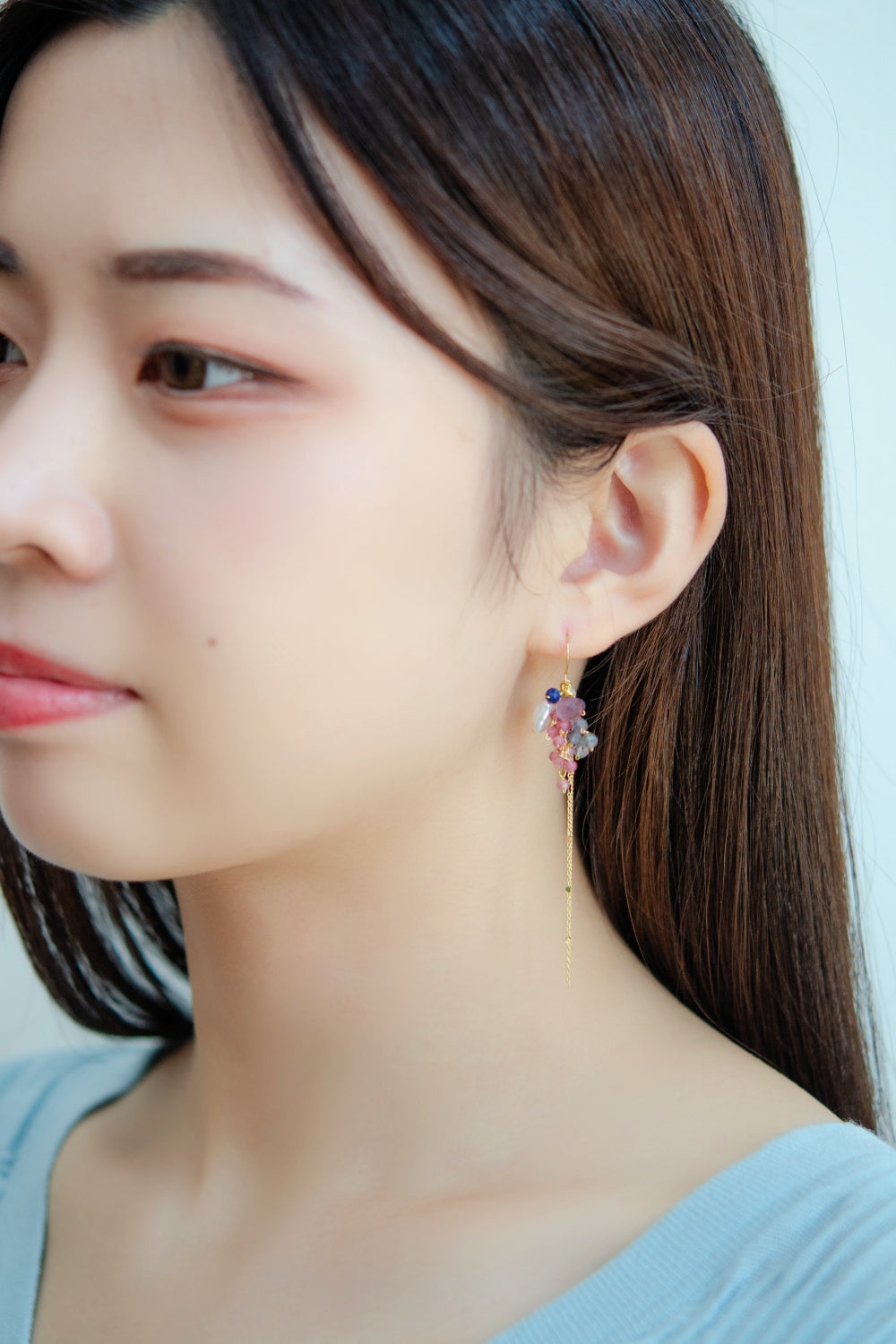 トルマリン & アイオライト & フローライト 揺れる ロングピアス