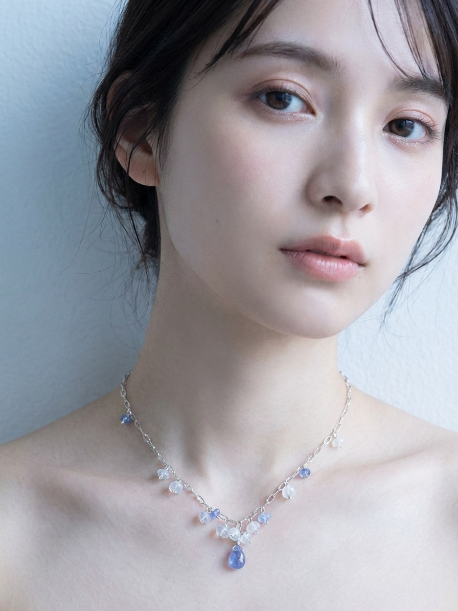 タンザナイト & ムーンストーン チェーンネックレス - 【氷の涙】揺れる青紫の雫と銀の雪 / 12月誕生石 SV925