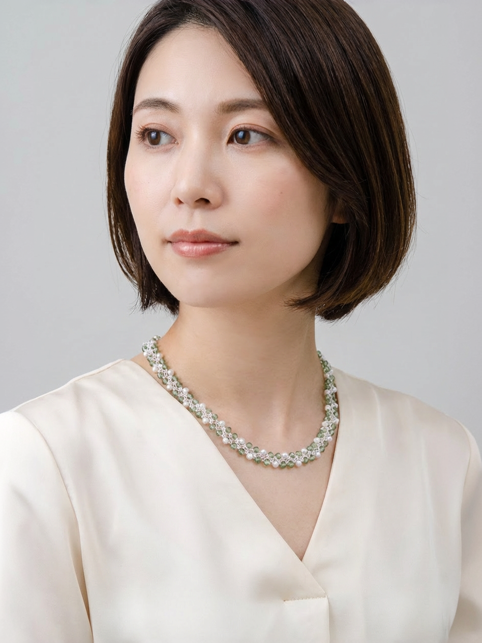 ダイオプサイド×パール タティングレース ネックレス - 【若葉のしずく】 繊細な手編みアーチ / 40cm