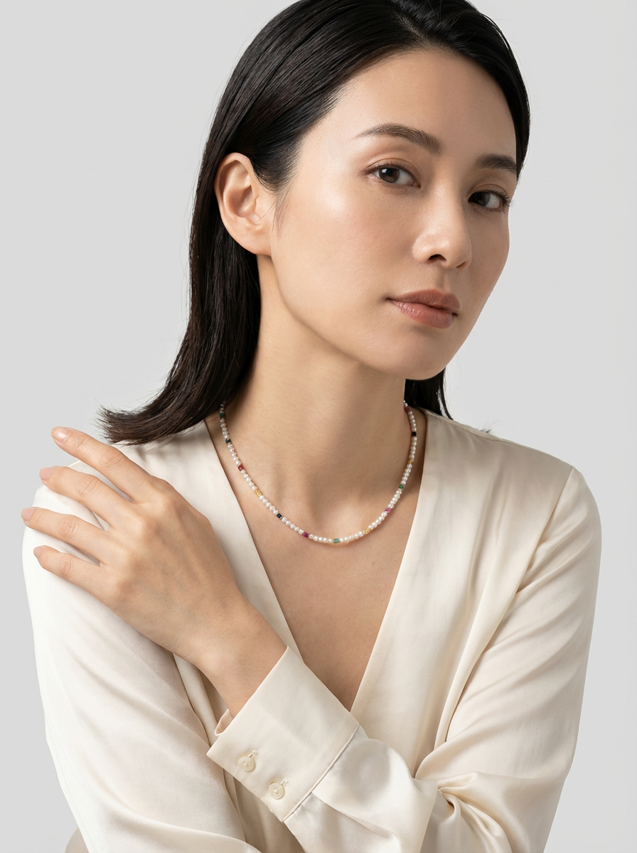 淡水パール & カラーストーン ネックレス - 【虹色の小道】マルチカラーのときめきと純白 / 天然石 SV925(K14GP)