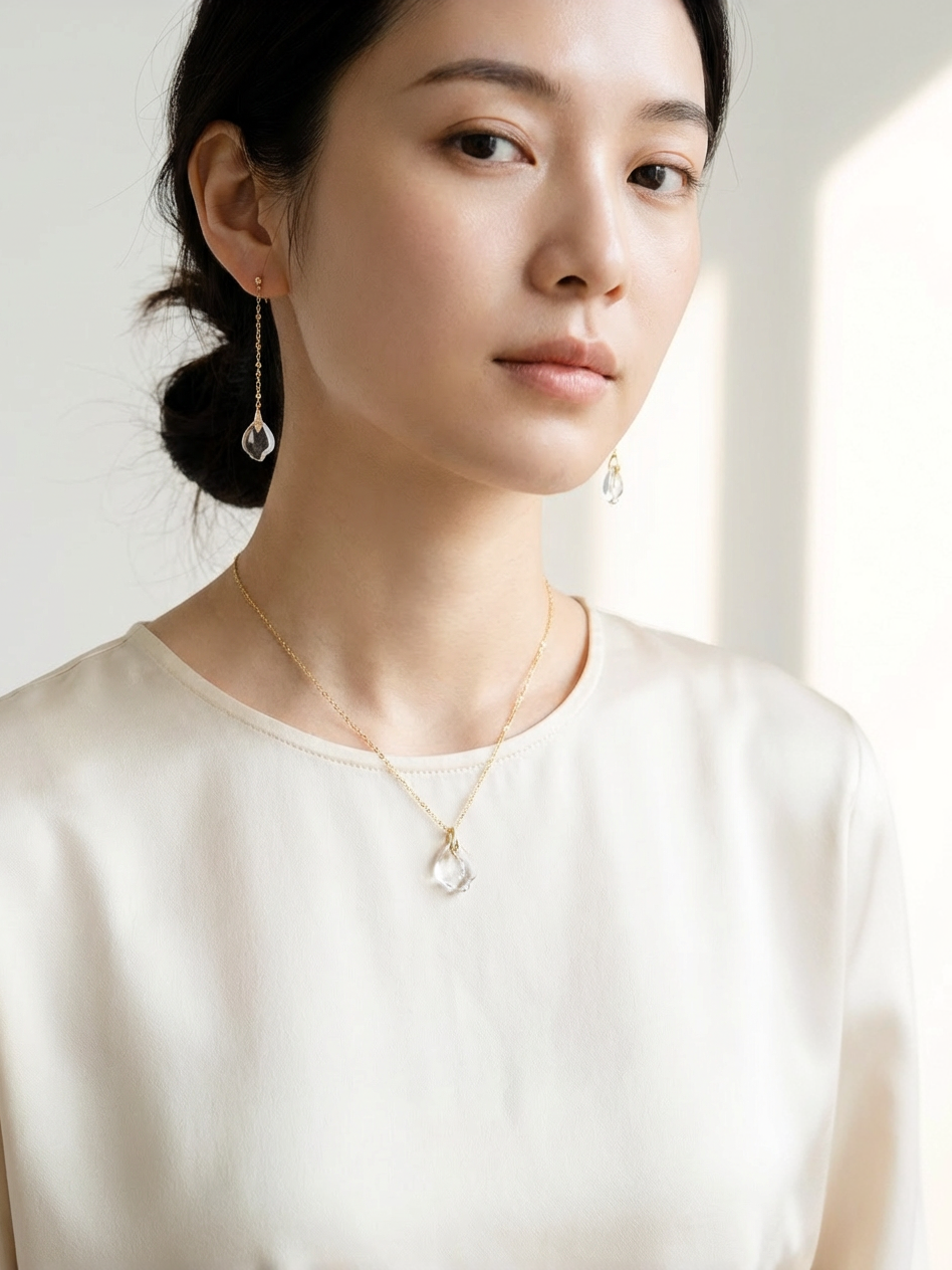 クリスタル(水晶) ネックレス & ピアス - 【セット購入可】氷の雫 / 4月誕生石 SV925(K14GP)