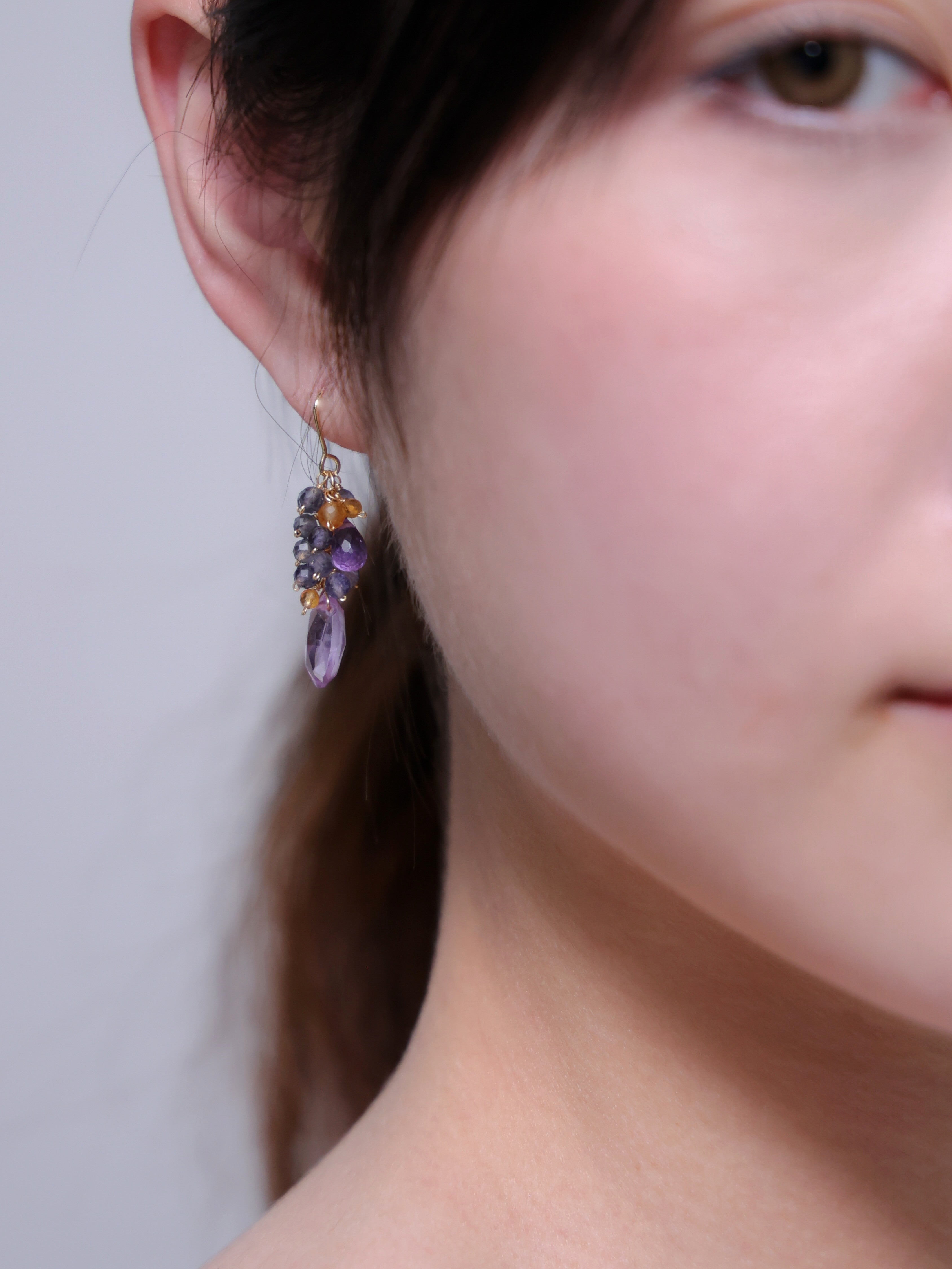 アメジスト&シトリン&アイオライト ピアス【イヤリング可】スミレの花