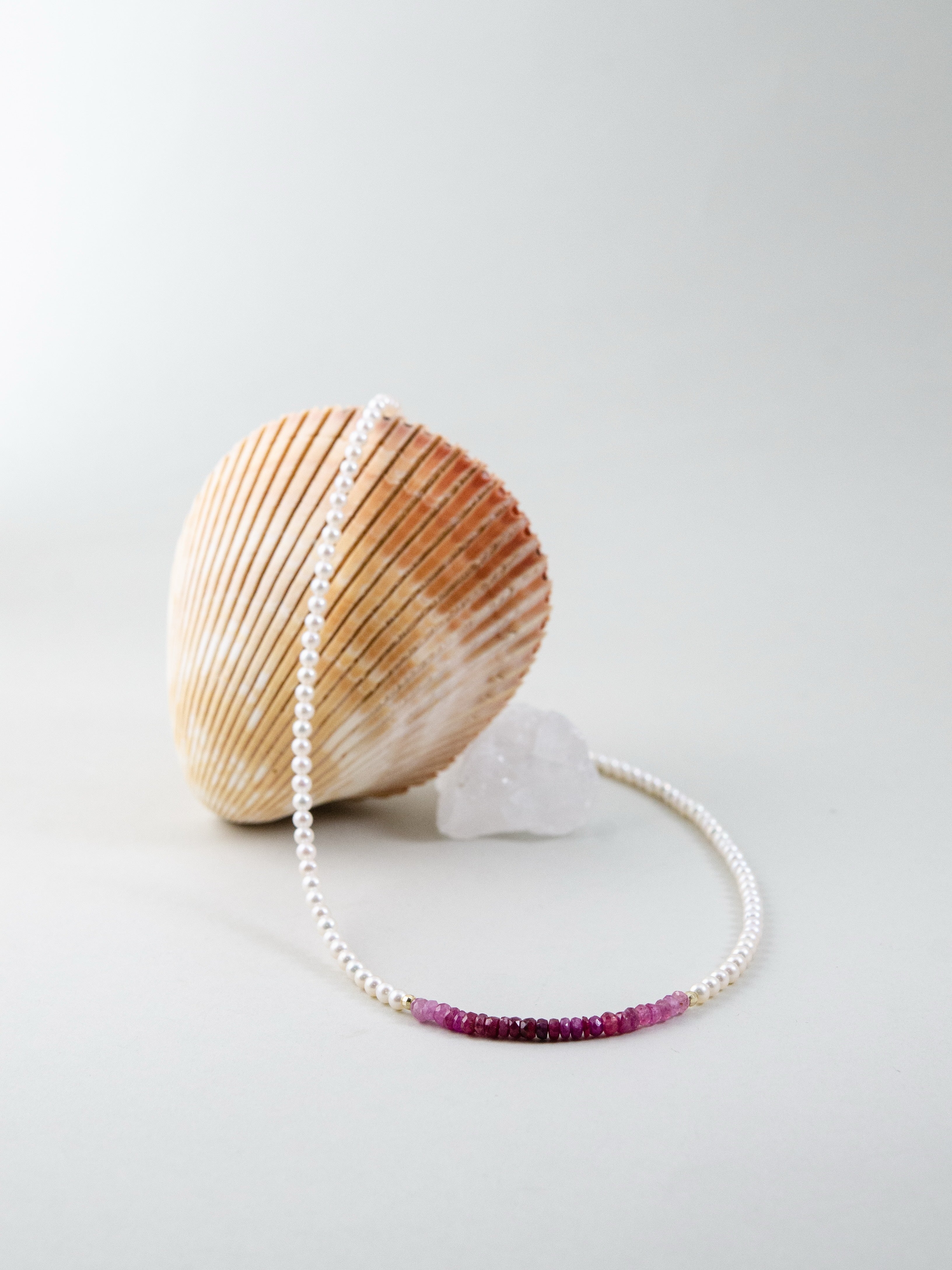 一点の紅 ネックレス 貝殻ディスプレイ 夏の海と赤い宝石