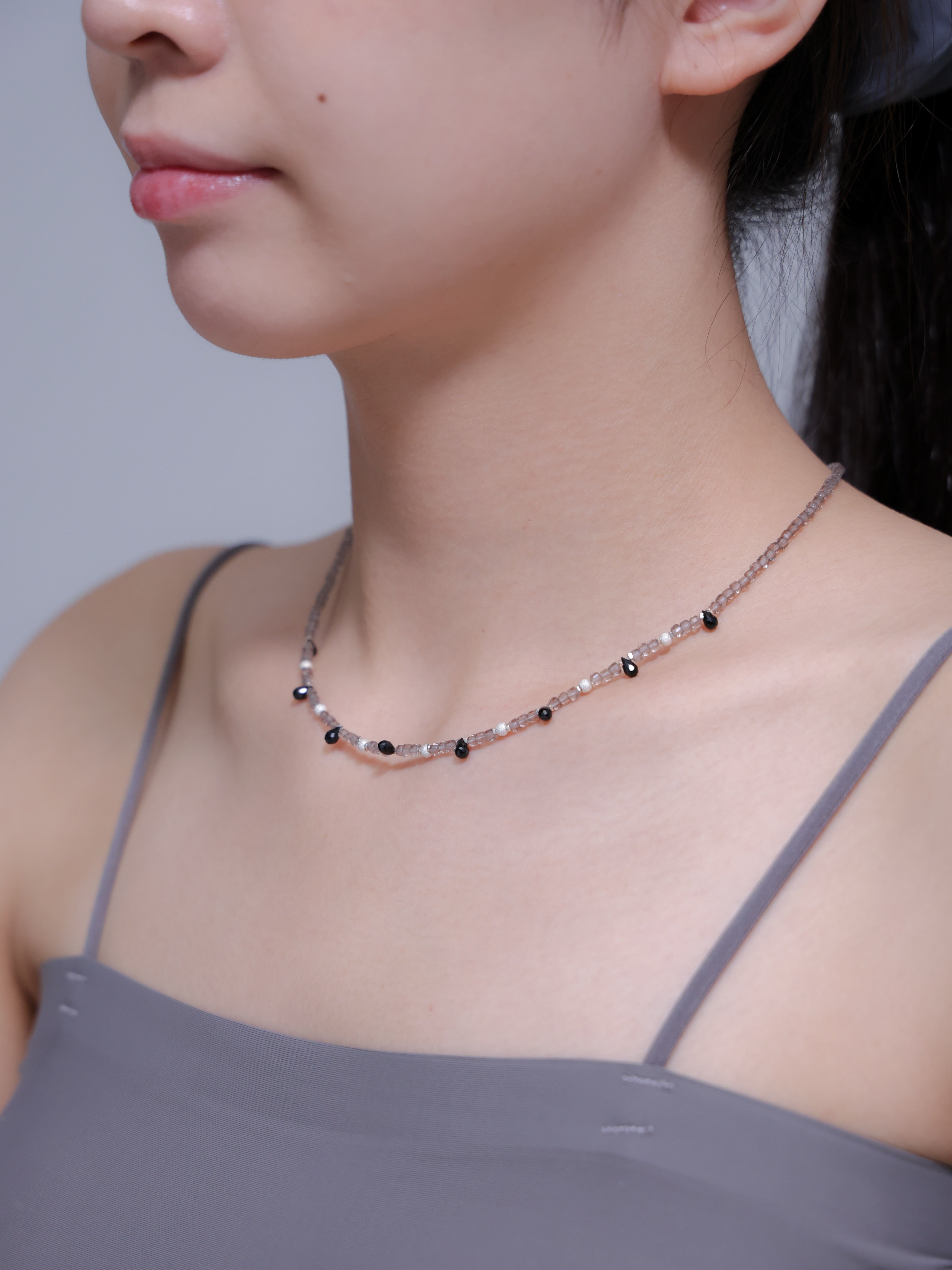 スモーキークォーツ & オブシディアン ネックレス シックな透け感 SV925 天然石