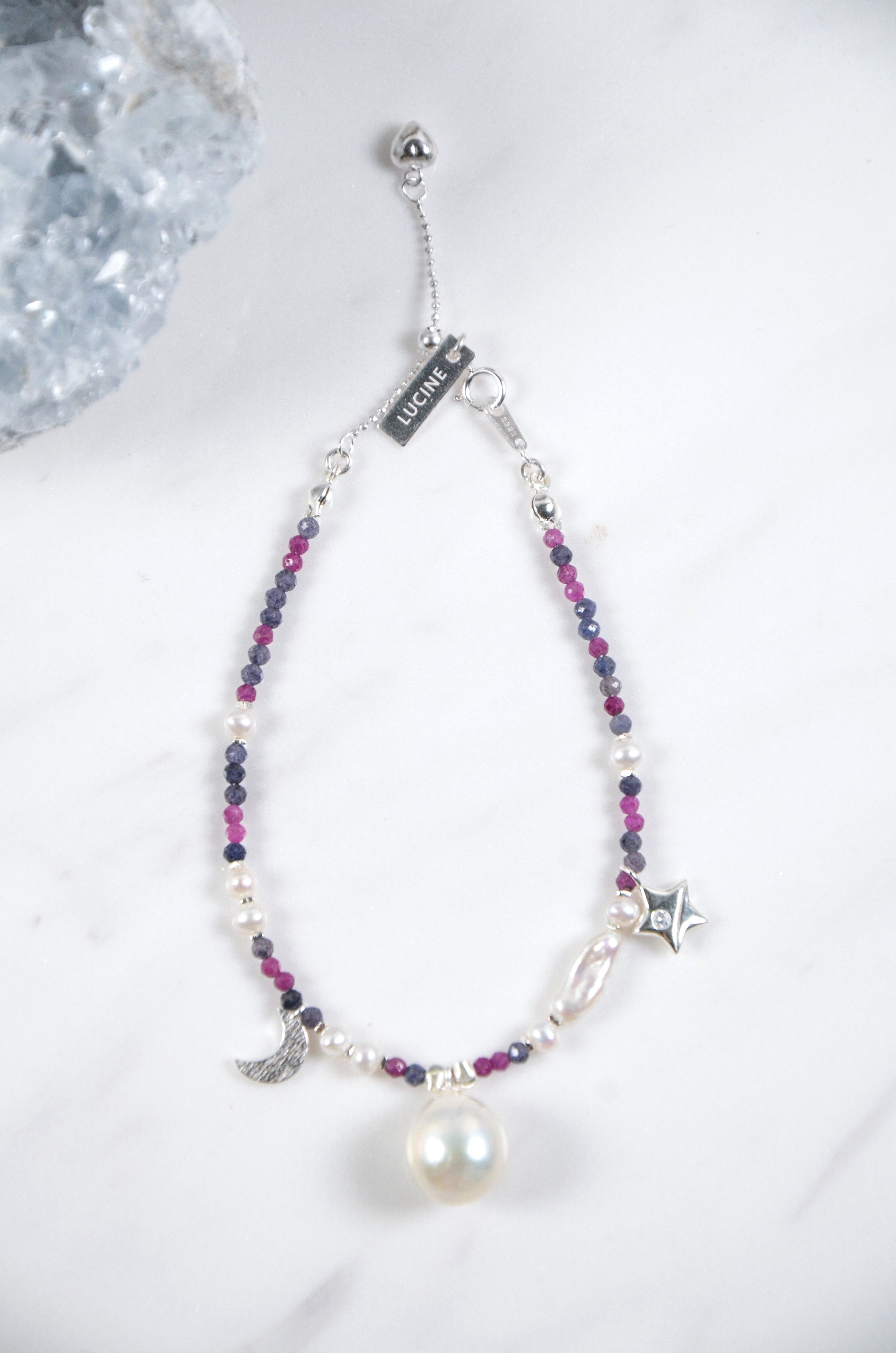 星と月のパール ブレスレット 星月夜の真珠 メイン画像 ピンク＆ブルーの天然石と揺れる一粒 SV925