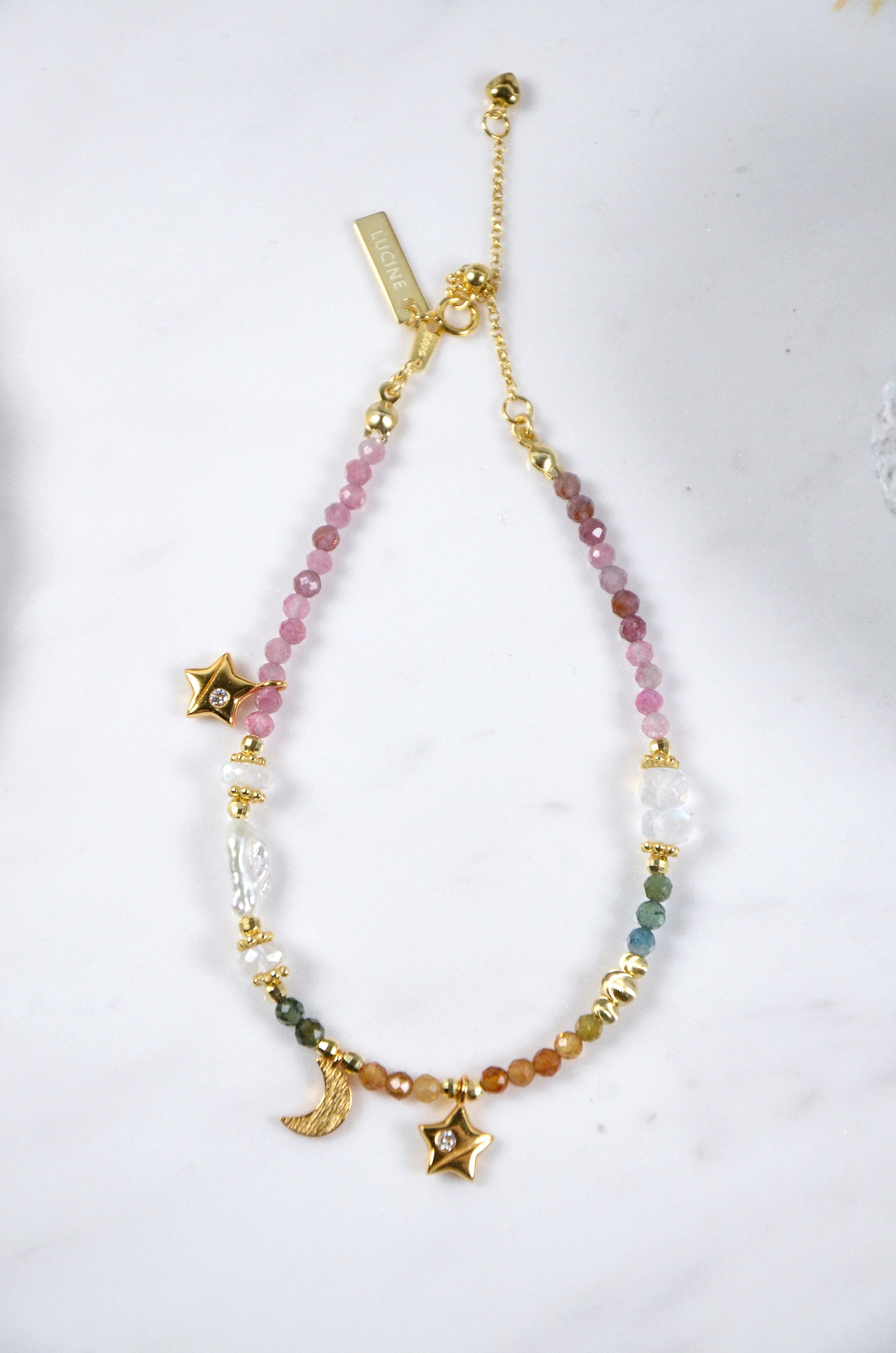 天然石ブレスレット 平置き トルマリンとムーンストーン 円形デザイン SV925 K14GP